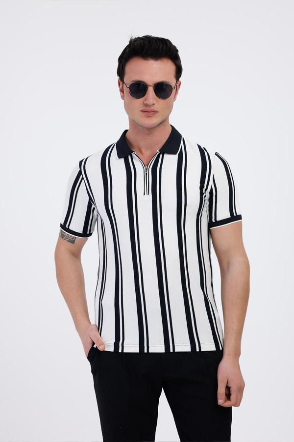 LUXOR Polo Yaka Çizgili Pamuklu Tişört - Beyaz - Image 1