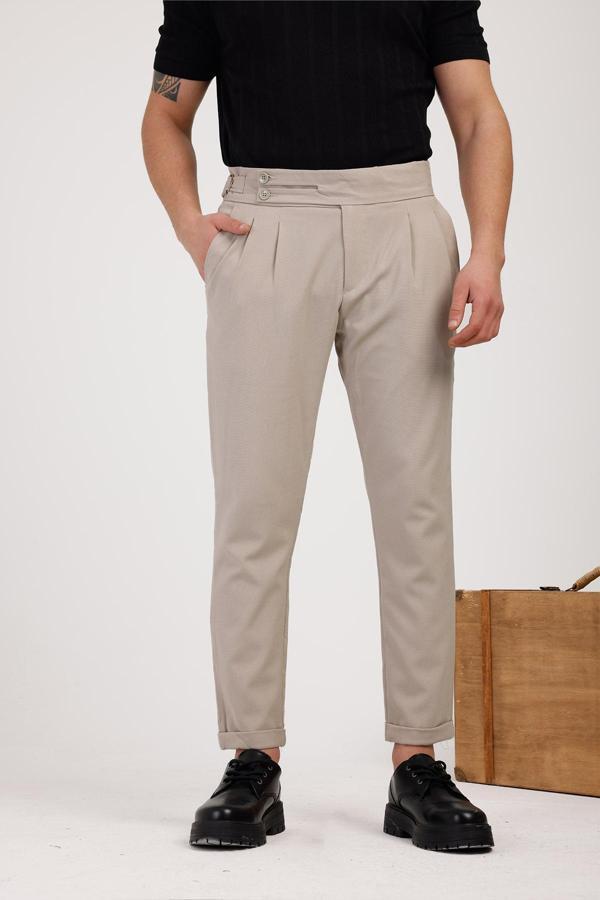 TERRALIS Düğme ve Kemer Detaylı Kumaş Pantolon - Bej - Image 1
