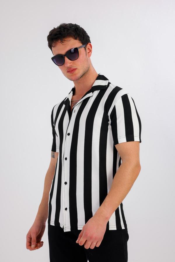 Lucida Kısa Kollu Çizgili Gömlek - Siyah - Image 1