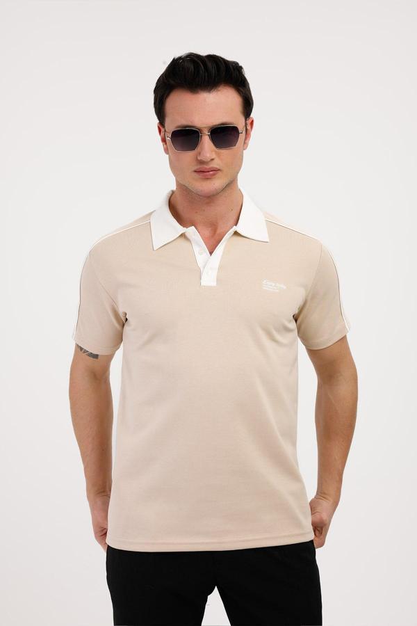 TRENDY Polo Yaka Pamuklu Tişört - Bej - Image 1