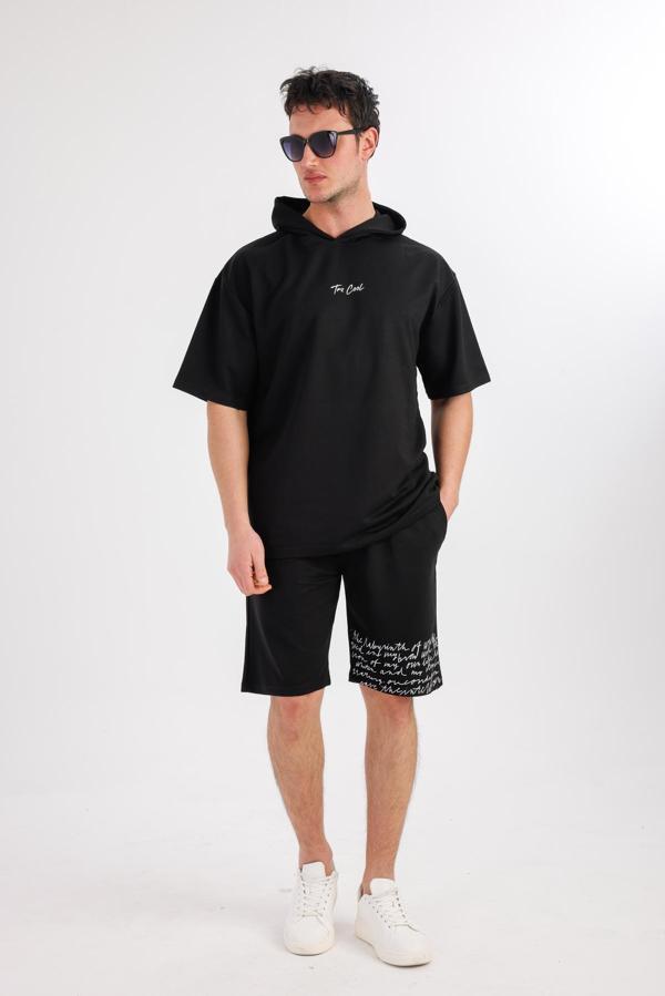 OCEANO Kapüşonlu Sweatshirt & Şort Takım - Siyah - Image 1