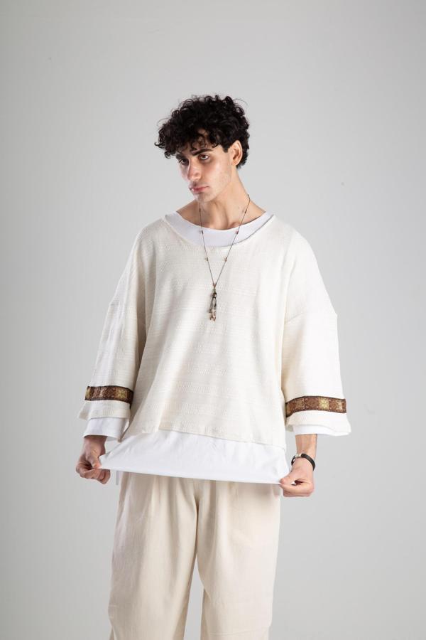 Kendinen T-Shirt Fakir Kol Ekru Örme Triko - Image 1