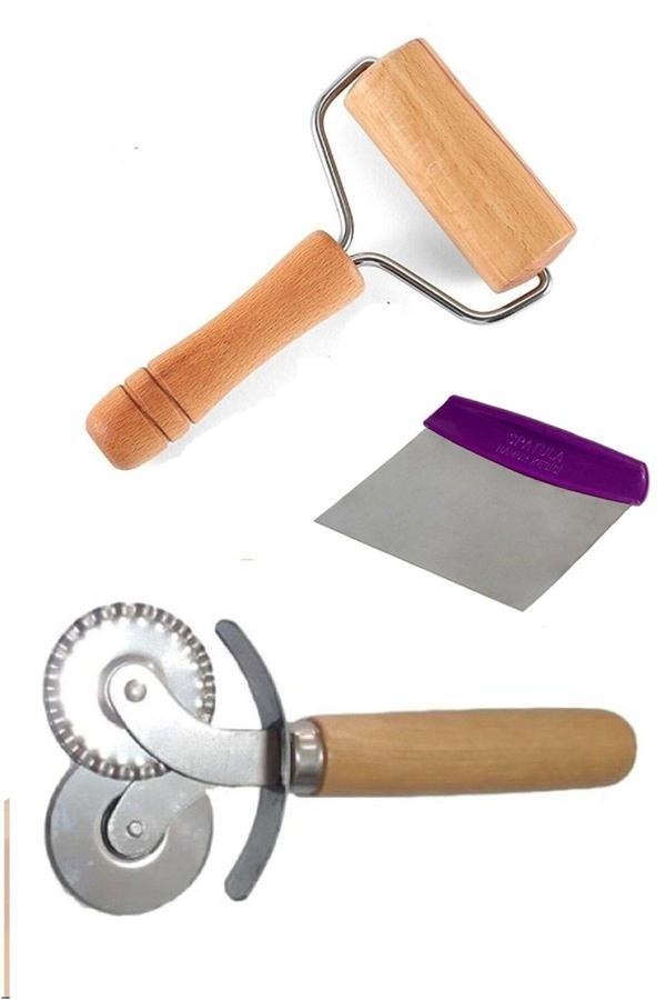 Relatos 3 Lü Mutfak Seti Rulo Hamur Merdane - Hamur Kesici Metal Spatula- Pizza Kesici 2 Başlıklı - Image 1