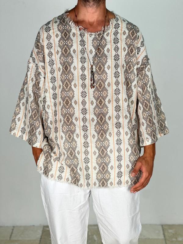 Çizgili Desenli Bohem Fakir Kol T-Shirt - Image 1