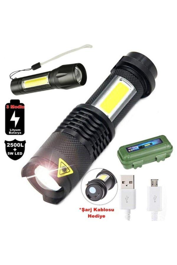 Relatos 2500 Lumens + 5W Cob Led Usb Lion Şarjlı Ultra Güçlü Q5 Xpe Su Geçirmez Şarjlı El Feneri (4415) - Image 1