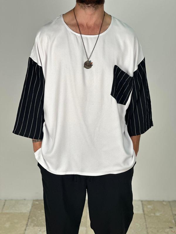 Fakir Kol Viscon Siyah Beyaz Oversize T-Shirt - Image 1