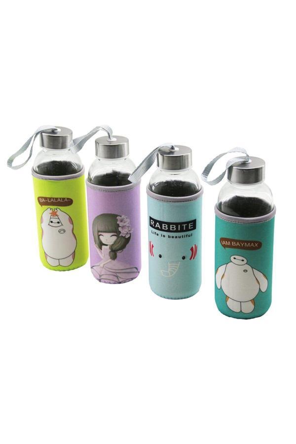 Relatos Cam Şişe  Matara Suluk  Resimli Bez Kılıflı - Taşıma İpli   420Ml   Krom Kaplama Pls.Kapak (4415) - Image 1