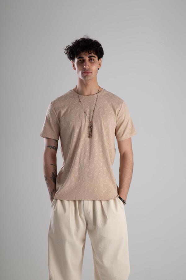 Jakarlı Krem Örme T-Shirt - Image 1