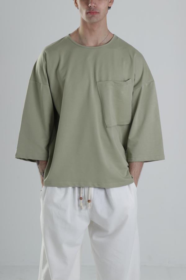 Cep Detaylı Yeşil Fakir Kol T-Shirt - Image 1