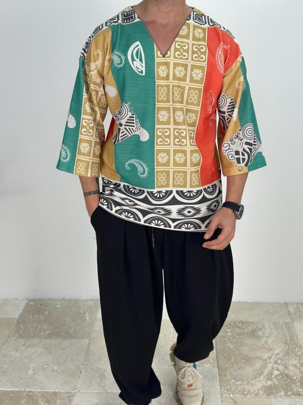 Etnik Desenli Fakir Kol T-Shirt - Image 1