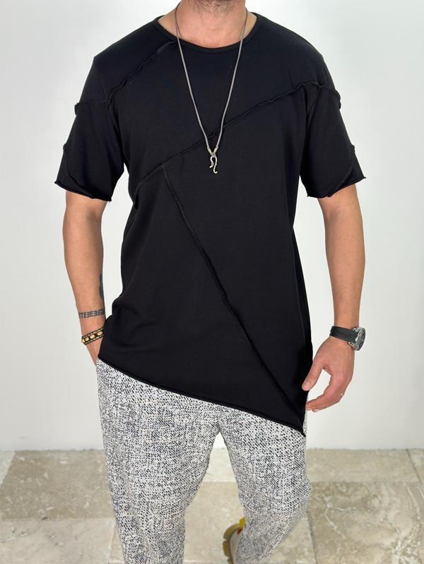 Asimetrik Dikişli Siyah T-Shirt - Image 1