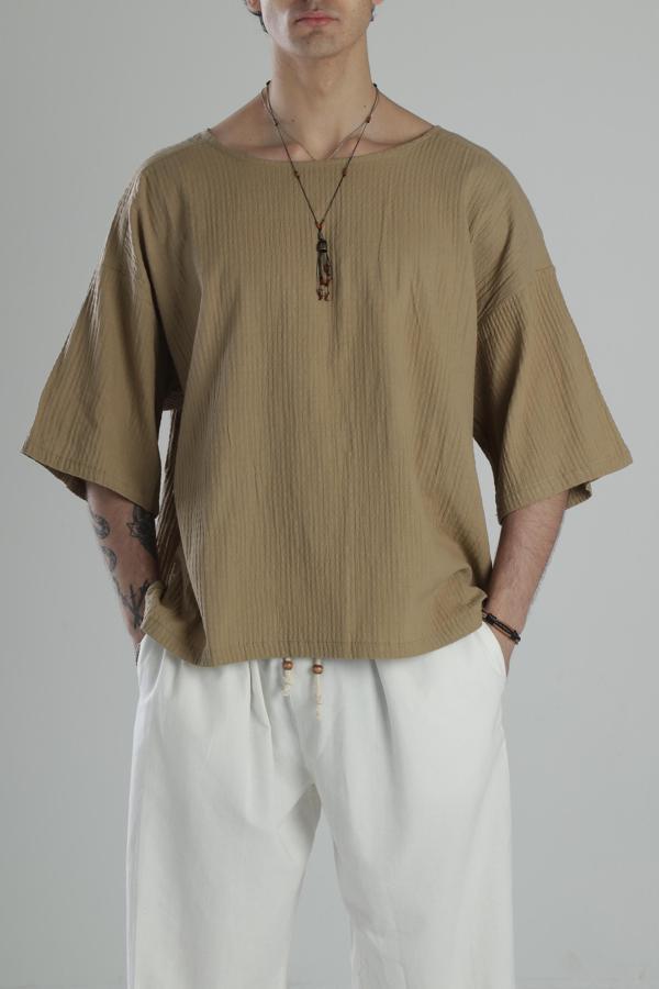 Müslin Kumaş Fakir Kol Kahve T-Shirt - Image 1