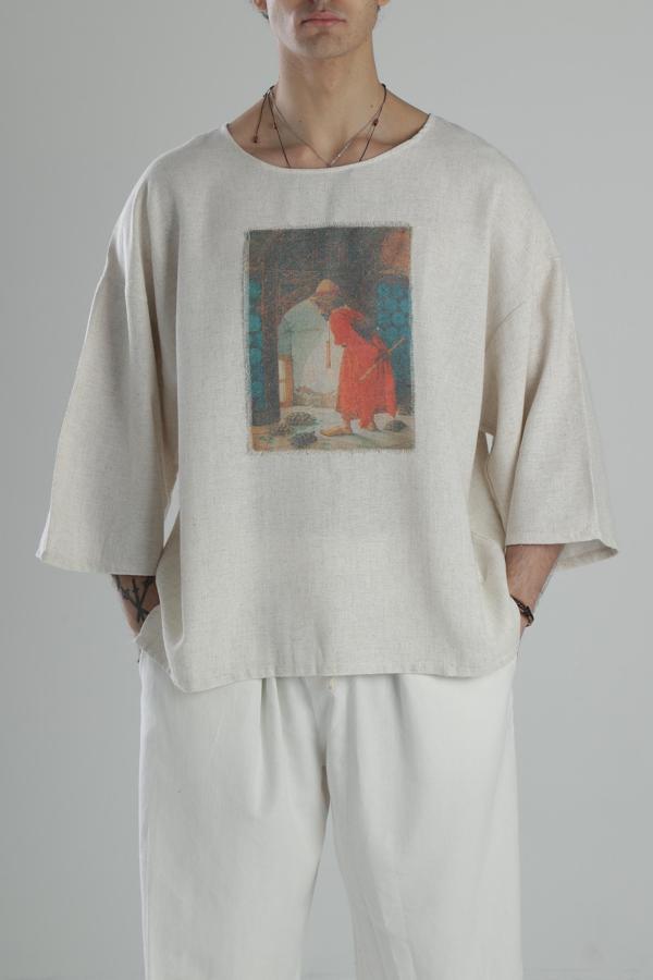 Kaplumbağa Detaylı Keten T-Shirt - Image 1