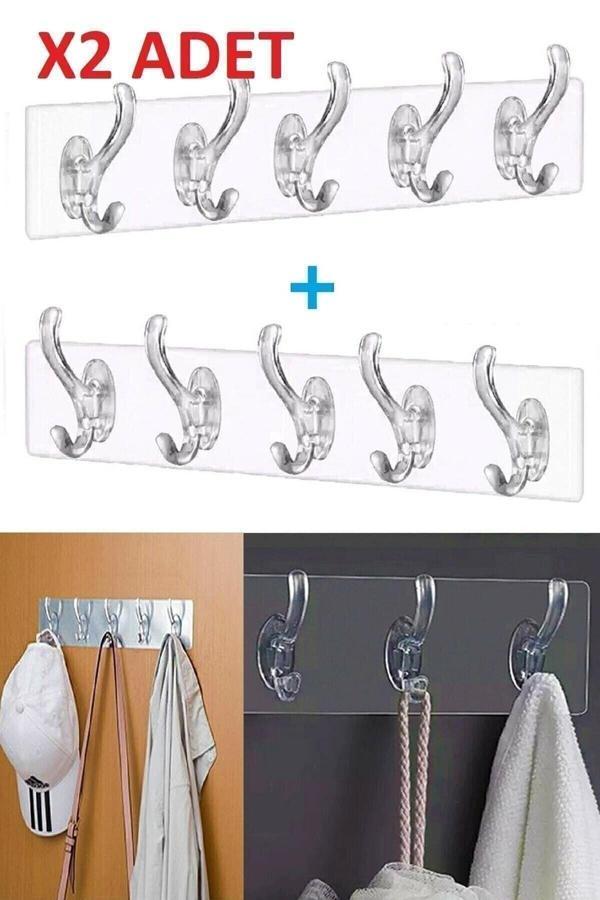 Relatos 2 Adet Kendinden Yapışkanlı Güçlü Şeffaf 5'Li Askılık - Kapı Arkası Mutfak Duvar Banyo - Image 1