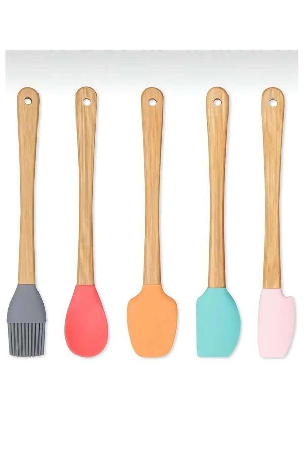 Relatos 5'Li Renkli Ahşap Saplı Silikon Uçlu Spatula Fırçalı Kaşık Seti -Yemek Hazırlık Seti 21 Cm - Image 1