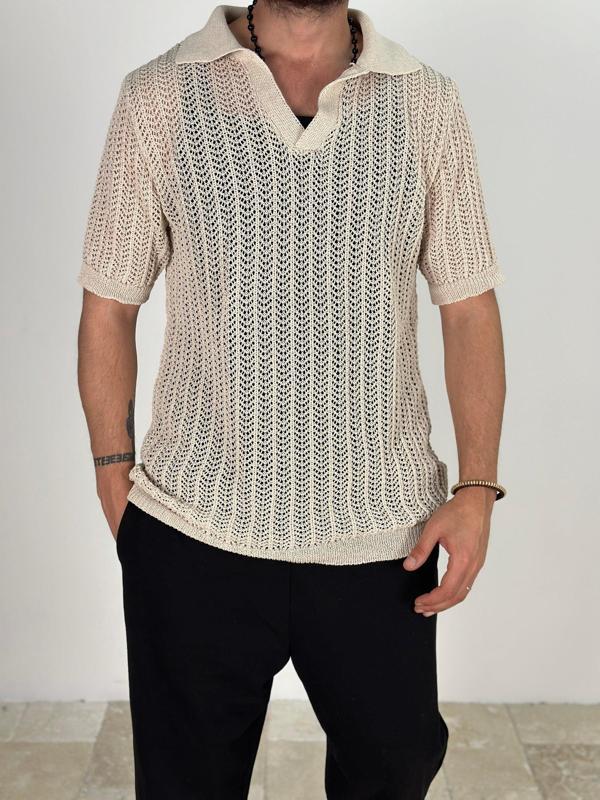 Örme Triko Polo Bej T-Shirt - Image 1