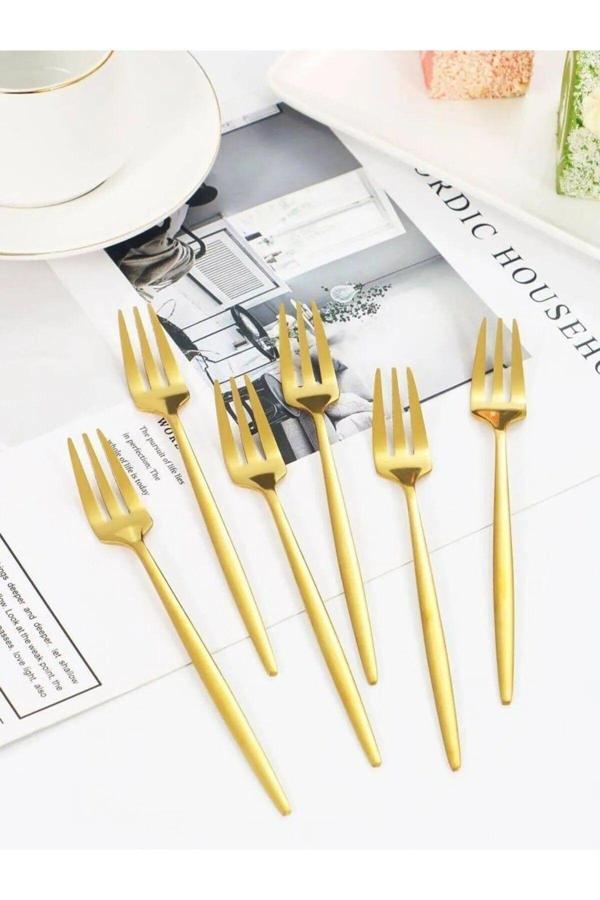 Relatos 6 Adet Mini Boy Lüx Gold Fondü Çatalı Paslanmaz Çelik 14 Cm Tatlı Çatalı - Image 1