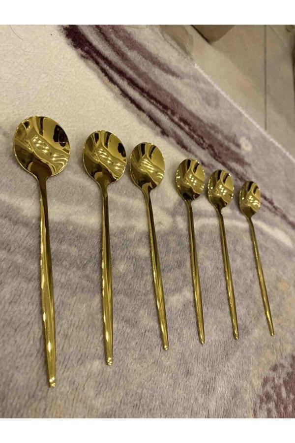 Relatos 6 Adet Şık Parlak Gold Paslanmaz Titanyum Çelik Çay Kaşığı Kararmaz - Image 1