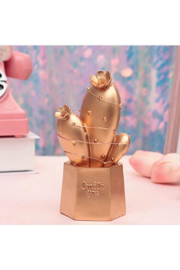 Relatos Led Işıklı Sevimli Kaktüs Dekoratif Masa Lambası Mini Biblo Gece Lambası Gold (4415) - Image 1