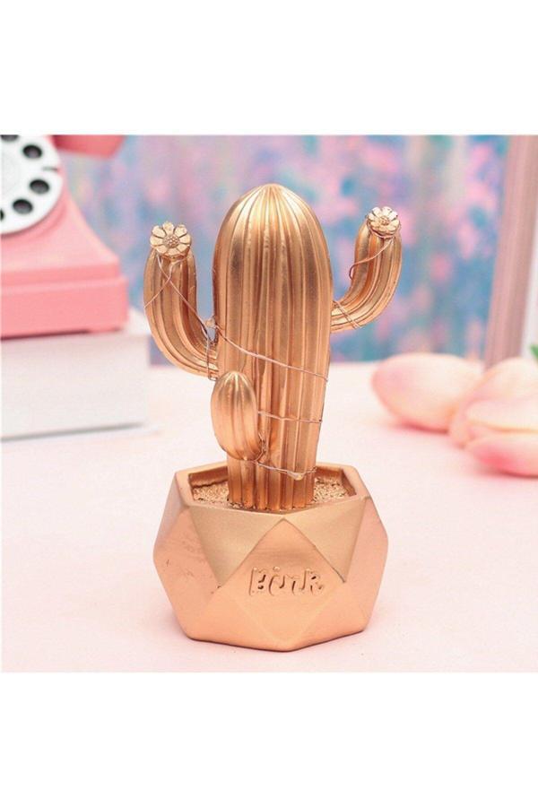 Relatos Led Işıklı Sevimli Kaktüs Dekoratif Masa Lambası Mini Biblo Gece Lambası-Gold (4415) - Image 1