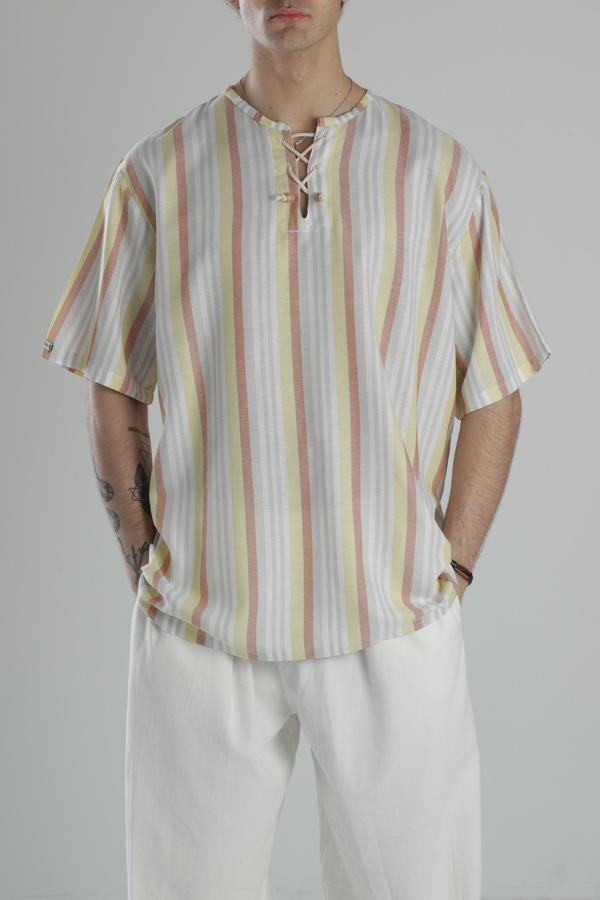 Çizgili İp Detaylı T-Shirt - Image 1