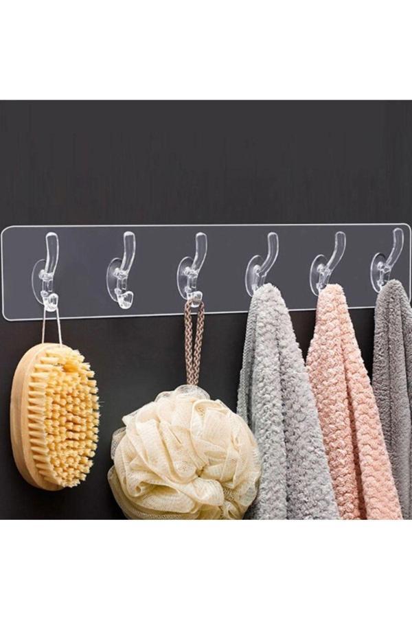 Relatos Yapışkanlı 5 Kancalı Şeffaf Bitişik Askı Mutfak Banyo Havlu Lif Bez Askısı - Image 1