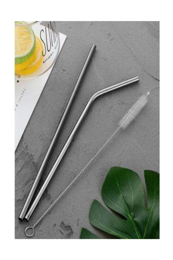 Relatos Paslanmaz Çelik Pipet Seti ( 2 Adet Çelik Pipet Pipet Temizleme Fırçası) Eğik Ve Düz Içecek Pipeti - Image 1
