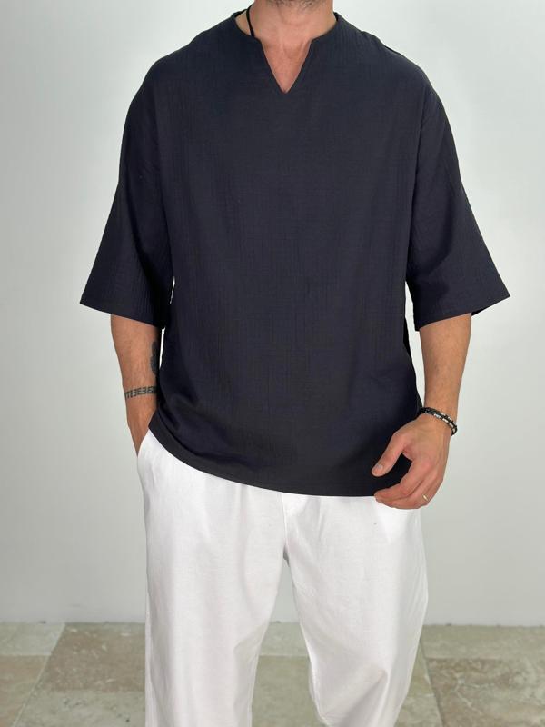Müslin Kumaş Fakir Kol Siyah T-Shirt - Image 1