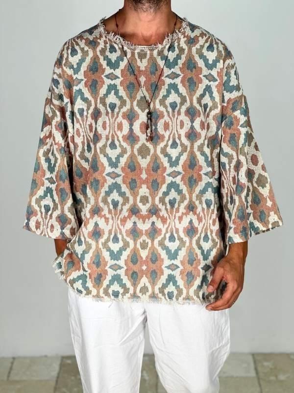 Retro Desenli Bohem Fakir Kol T-Shirt - Image 1