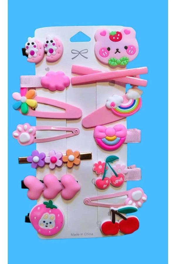 Relatos Pembe Tema  14 Lü Set Çocuk Saç Tokası Seti Çoklu Figürlü Toka Set - Image 1