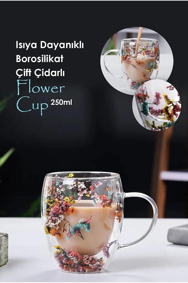 Beyzana Isıya Dayanıklı Borosilikat Çift Çidarlı Flower Cup Çiçekli Bardak | Çiçekli Kahve Sunum Bardağı - Image 1