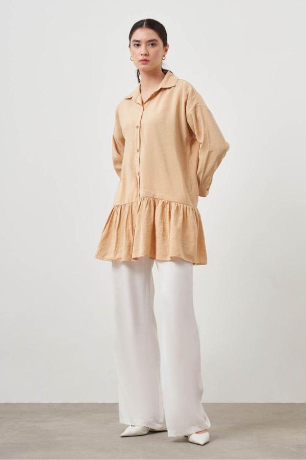 Mizalle Eteği Volanlı Bej Tunik S - Image 1