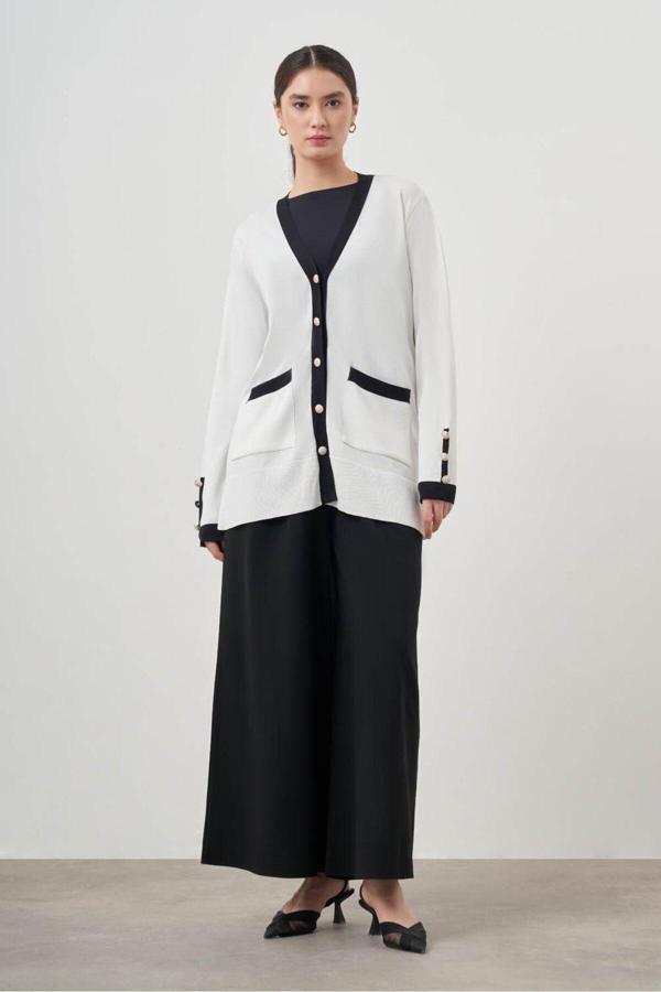 Mizalle Şeritli Rayon Ekru Hırka L - Image 1