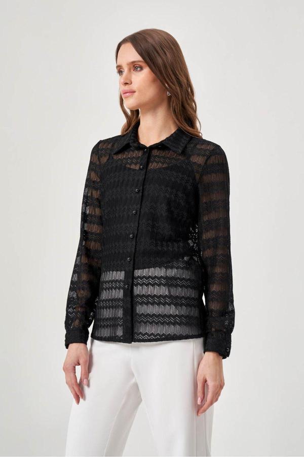 Mizalle Dantel Dokulu Siyah Gömlek S - Image 1