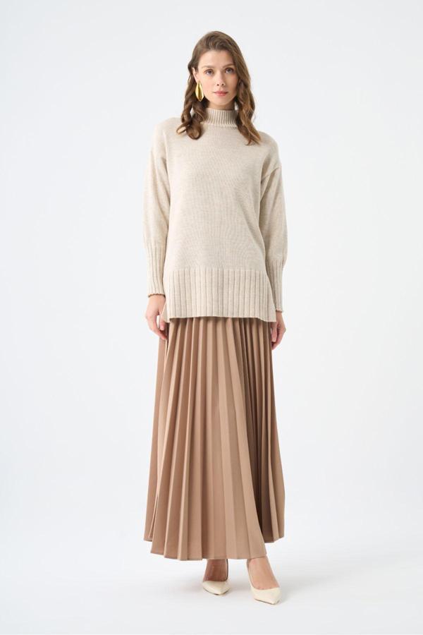 Mizalle Basic Örme Pliseli Krep Bej Etek M - Image 1