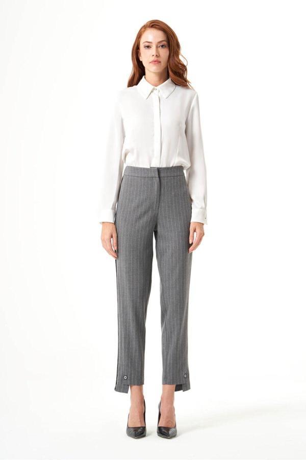 Mizalle Çizgili Gri Pantolon XL - Image 1