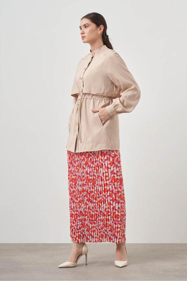 Mizalle Botanik Desenli Plise Nar Çiçeği Etek L - Image 1