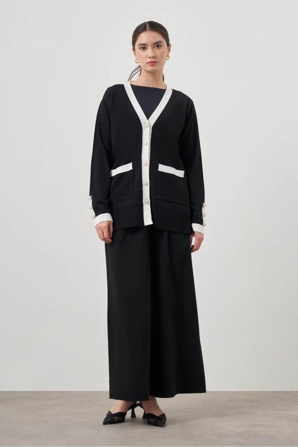 Mizalle Şeritli Rayon Siyah Hırka M - Image 1