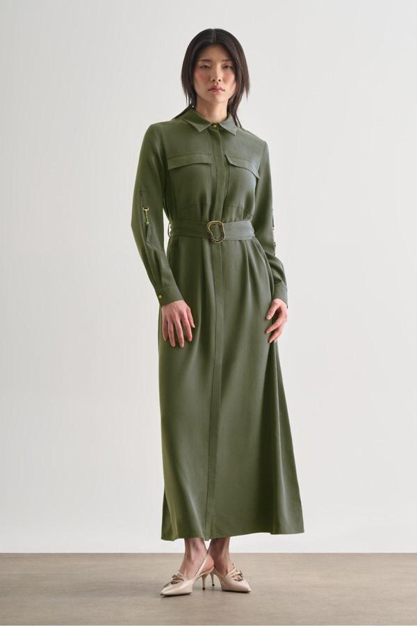 Mizalle Çift Cepli Uzun Kemerli Haki Safari Elbise S - Image 1