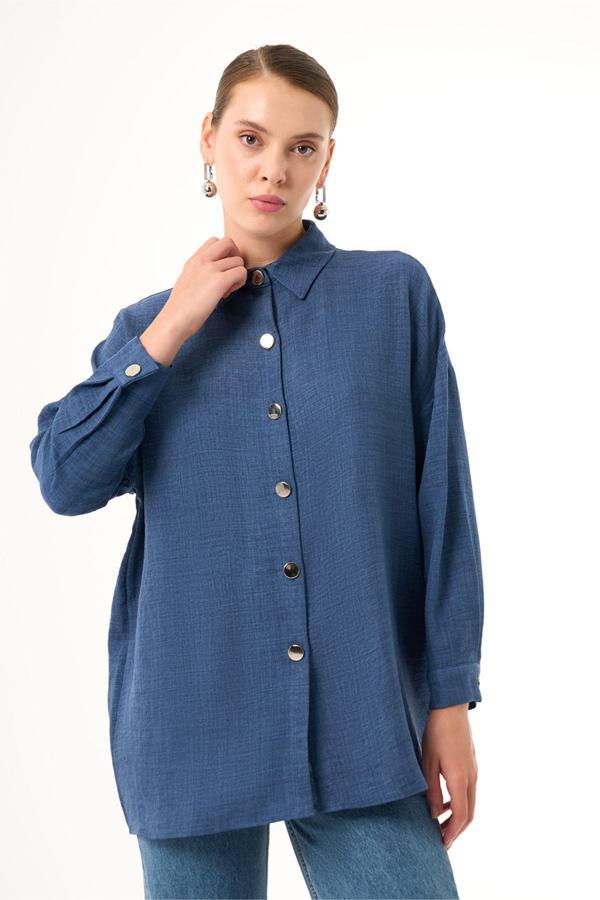 Mizalle Keten Dokulu Over İndigo Tunik XL - Image 1
