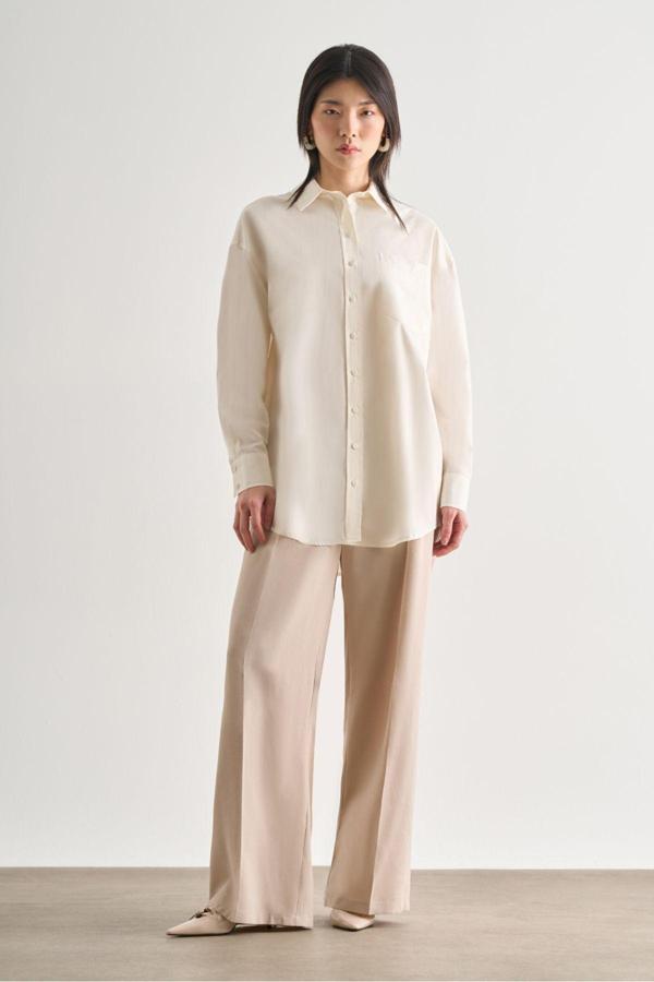 Mizalle Premium Saf Pamuk Ekru Oversize Gömlek XL - Image 1