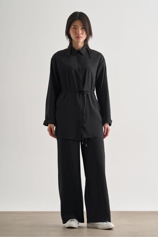 Mizalle Çift Cepli Beli İp Büzgülü Modal Siyah Tunik S - Image 1