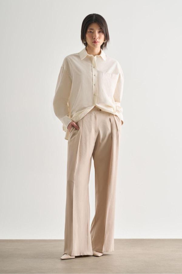 Mizalle Taş Rengi Çift Pileli Geniş Kesim Modal Pantolon M - Image 1