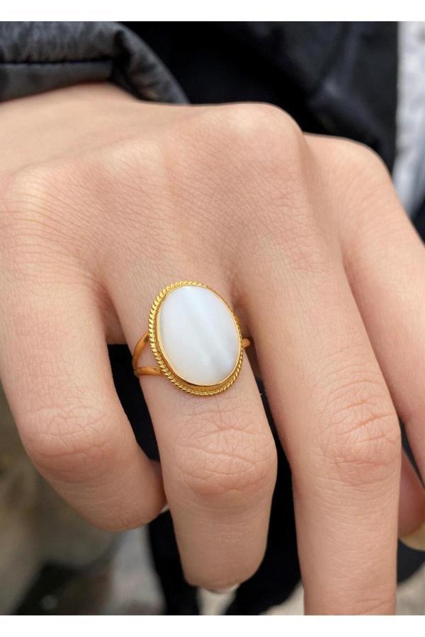 14 Ayar Altın Sedef Taşlı Oval Yüzük - Image 1