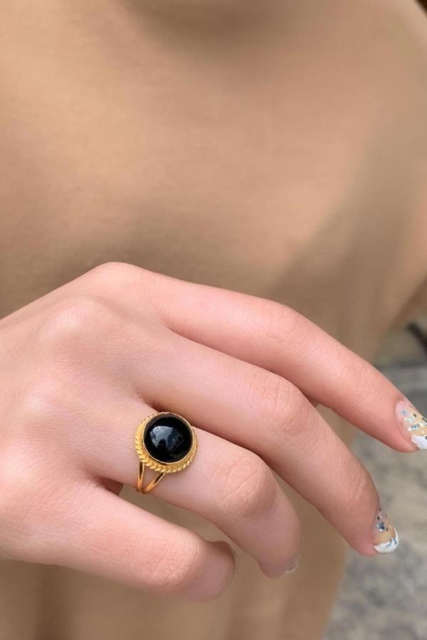 14 Ayar Altın Oval Onix Meftüllü Yüzük - Image 1
