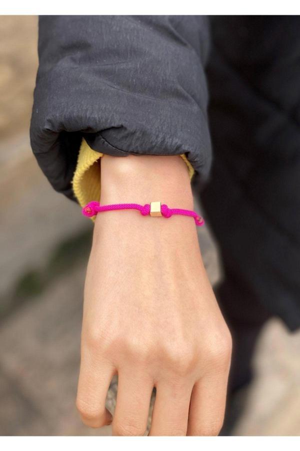 14 Ayar Altın Pembe İpli Kadın/erkek Küp Bileklik - Image 1