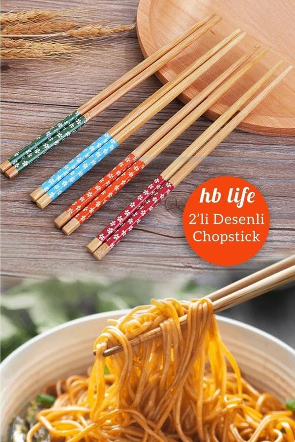 Qesqin Pratik 2'Li Desenli Yıkanabilir Kore Çin Bambu Chopsticks Yemek Çubuğu |Desenli Bambu Chopstick - Image 1