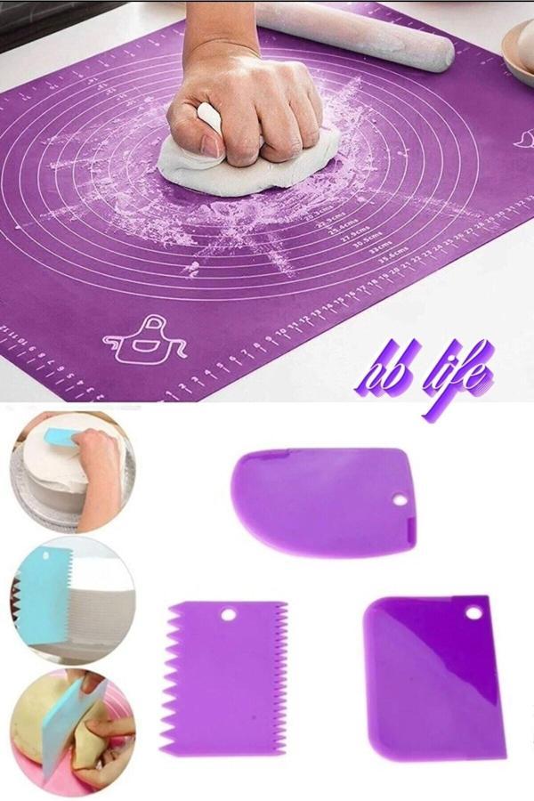 Qesqin Silikon Hamur Açma Matı Ölçekli Hamur Açma Altlığı Ve 3'Lü Hamur Kesici Kazıyıcı Dekoratör Set - Image 1