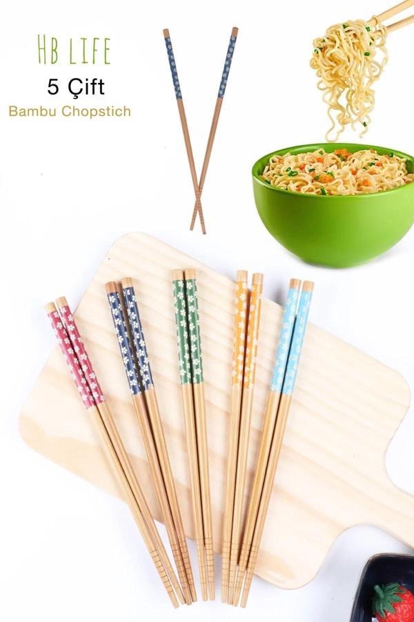 Qesqin 5 Çift Desenli Yıkanabilir Kore Çin Bambu Chopsticks Yemek Çubuğu | Desenli Bambu - Image 1