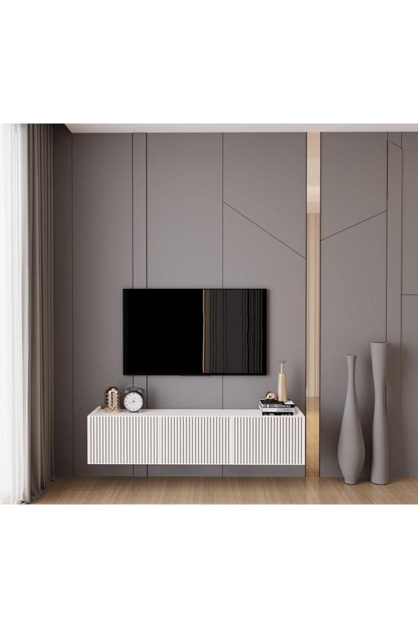 Enwood Capella Beyaz Country Mdf 3 Kapaklı Duvara Monte 140 Cm Tv Ünitesi - Image 1